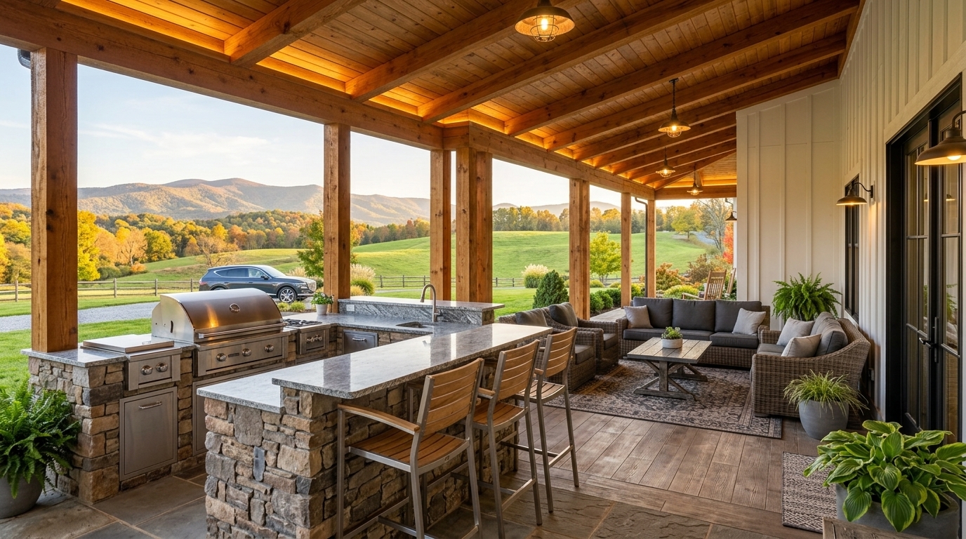 Covered cedar porch with outdoor kitchen and stone grill island overlooking Virginia hills